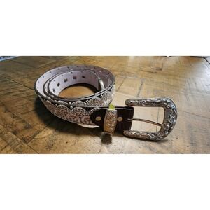 Angel‎ Ranch Brown Leather Belt XXL Silver Floral Lace Rhinestone Western